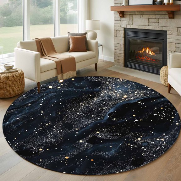 Marble Texture 7ft Round Rug for Living Room Conversation Area, Star Sky White Dot Black Marble Washable Non Slip Large Circle Area Rug