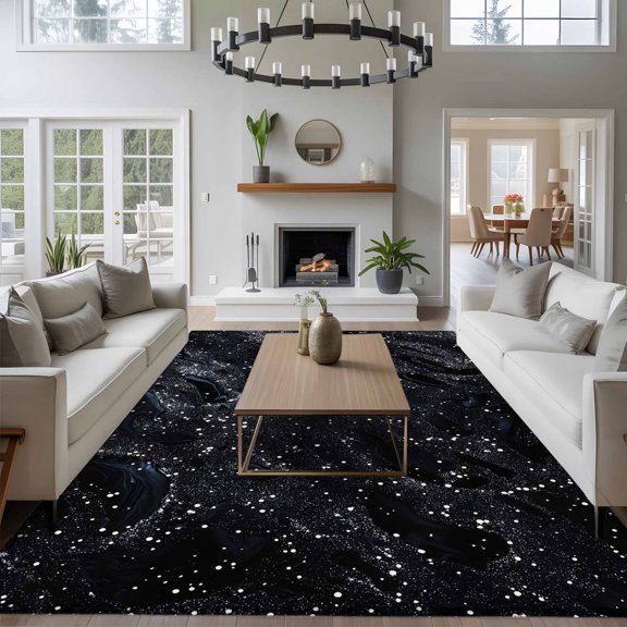 Marble Texture 8x10 Area Rug for Living Room Sectional Sofa, Star Sky White Dot Black Marble Decoration Washable Non Slip Large Rectangle Area Rug