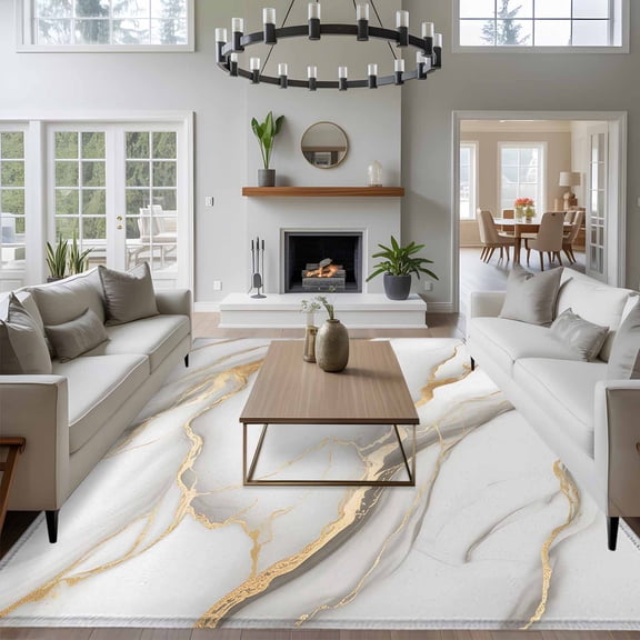 Marble Texture 8x10 Area Rug for Living Room Sectional Sofa, Vintage Classic White Gold Crack Art Washable Non Slip Large Rectangle Area Rug