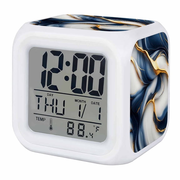 Marble Texture Alarm Clock, Modern Golden Blue Fluid Art Digital Clock Night Light with 7 Color, Calendar Temperature Display, LED Desk Small Clock for Bedrooms Bedside Living Room