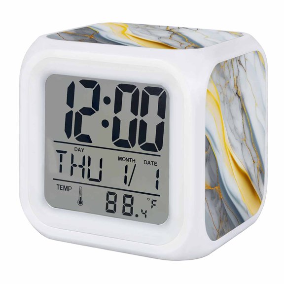 Marble Texture Alarm Clock, Yellow Gold Line Abstract Modern Style Digital Clock Night Light with 7 Color, Calendar Temperature Display, LED Desk Small Clock for Bedrooms Bedside Living Room
