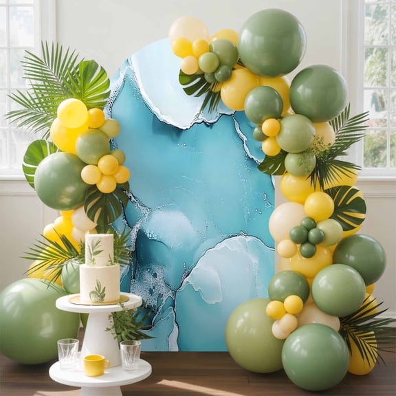 Marble Texture Arch Backdrop Cover, 7.2FT, Blue White Cloudy Metallic Pattern Spandex Arch Covers Double-Sided Backdrop for Wedding Birthday Party Photo Background Decoration