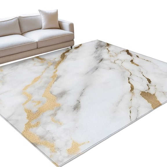 Marble Texture Area Rug, Abstract Gold White Crack Modern Style Non-Slip Felt Rubber Backing Rectangle Indoor Carpet Washable Rugs for Living Room Bedroom 4x6ft