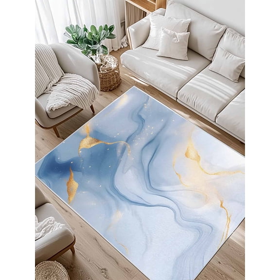 Marble Texture Area Rug for Bedroom 4x6 Ft Blue Gold Ornamental Blending Super Soft fuzzy Throw Rug Non-Slip Fluffy Plush Indoor Floor Carpet for Living Room Nursery Home Decor