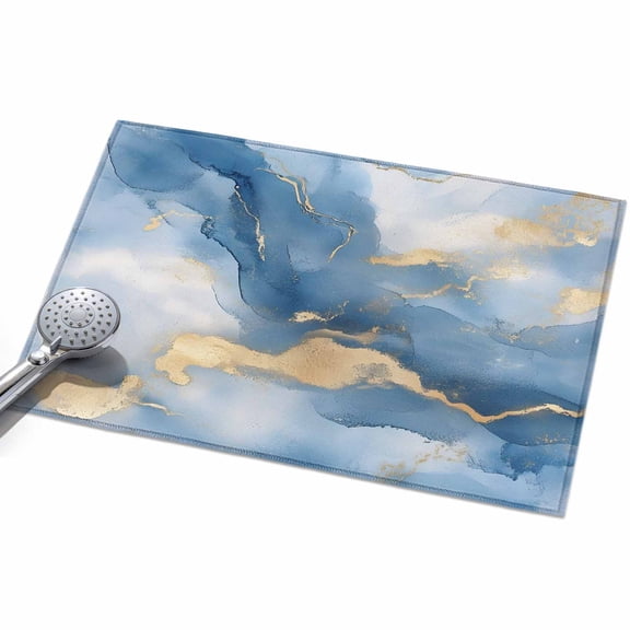 Marble Texture Area Rug, Modern Gold Blue Ripple Effect Non-Slip Felt Rubber Backing Rectangle Indoor Carpet Washable Rugs for Living Room Bedroom 2x3ft