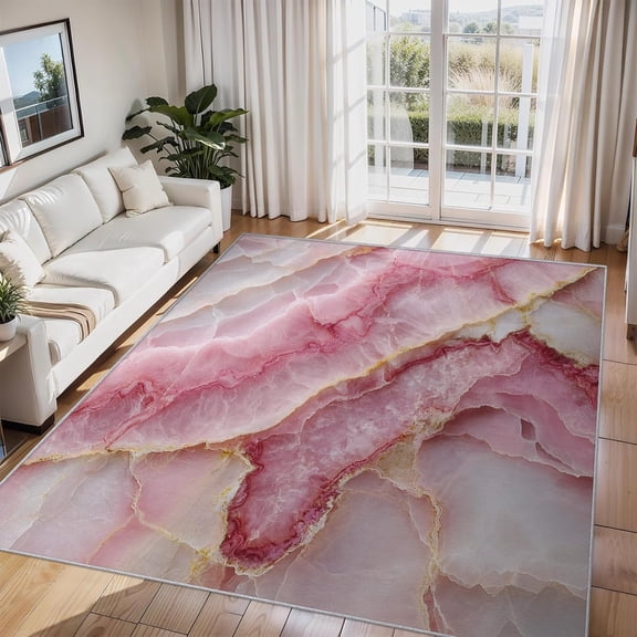 Marble Texture Area Rug Pink Pattern Carpet Washable Non Slip Soft Living Room Bedroom Entrance Mat 2x3ft