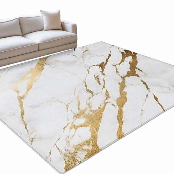 Marble Texture Area Rug, White Gold Crack Abstract Modern Style Non-Slip Felt Rubber Backing Rectangle Indoor Carpet Washable Rugs for Living Room Bedroom 5x7ft