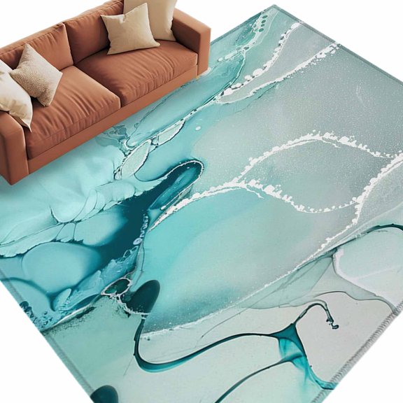 Marble Texture Area Rug 5x7ft Turquoise Marble Tier Abstract Art Non-Slip Washable Square Rugs Soft Felt Indoor Floor Mat for Bedroom Kitchen Living Room Bathroom