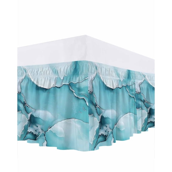 Marble Texture Bed Skirt Queen Size 16" Drop Blue White Cloudy Metallic Pattern Ruffled Wrap Around Bed Skirts Adjustable Elastic Bedskirt Dust Ruffle for Queen Size Bed