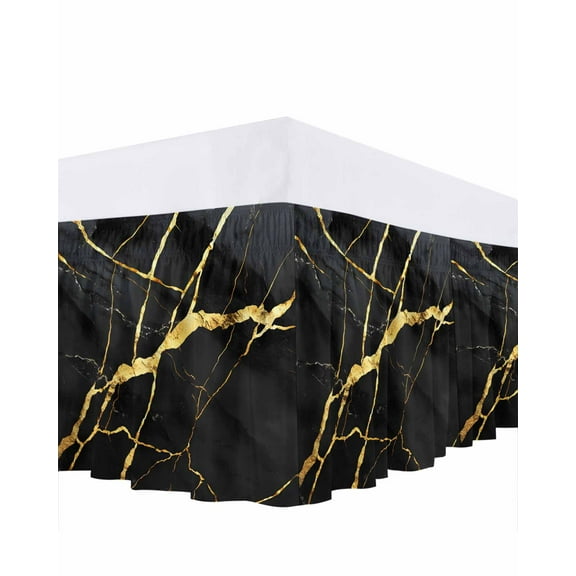 Marble Texture Bed Skirt Queen Size 16&nbsp;Inch Drop, Modern Black Golden Ripple Effect Wrap Around Dust Ruffle Bedskirts, Wrinkle & Fade Resistant Easy Fit Bedskirt with Adjustable Elastic