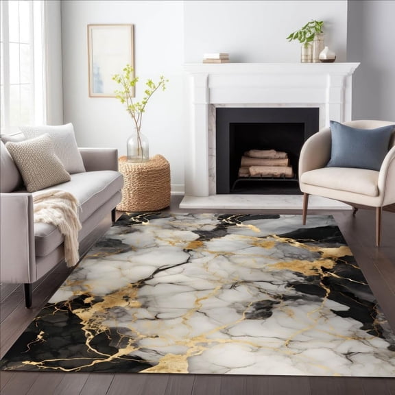 Marble Texture Black Grey Gold Area Rug, Modern Abstract Design Carpet, Washable Non Slip Soft Pile, Living Room Bedroom Dining Room Office Mat 4x5ft