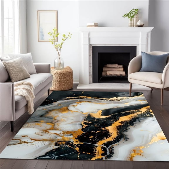 Marble Texture Black White Gold Area Rug, Modern Abstract Design Carpet, Washable Non Slip Soft Pile, Living Room Bedroom Dining Room Office Mat 5x8ft