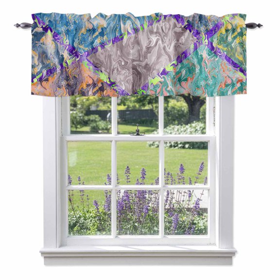 Marble Texture Blue Turquoise Valances for Windows,Kitchen Valance Rod Pocket Short Curtain, Modern Geometric Abstract Art Valance Curtain Window Valances for Bedroom Bathroom Living Room 42x12in