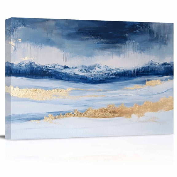 Marble Texture Canvas Print Wall Art Abstract Gradient Ocean Blue Gold Waves Pictures Painting Morden Artwork for Living Room Bedroom, Ready to Hang - 12"x16"