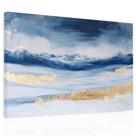 Marble Texture Canvas Print Wall Art, Abstract Gradient Ocean Blue Gold Waves Wall Decor Modern Artwork Paintings Pictures for Living Room Framed and Stretched Ready to Hang, 24" x 32"