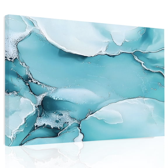 Marble Texture Canvas Print Wall Art, Blue White Cloudy Metallic Pattern Wall Decor Modern Artwork Paintings Pictures for Living Room Framed and Stretched Ready to Hang, 12" x 16"