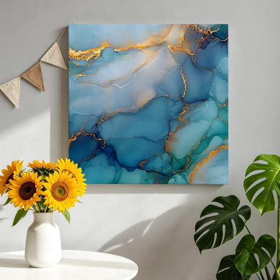 Marble Texture Canvas Wall Art, Blue Gold Sage Green Abstract Wave Modern Framed Canvas Wall Decor Picture Print Artwork Decorations for Living Room Office Ready to Hang 8" x 8"