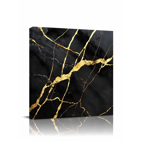 Marble Texture Canvas Wall Art, Modern Black Golden Ripple Effect Framed Wall Decor Modern Artwork Prints Painting for Living Room, Bedroom, Kitchen & Cafe Decor 8x8 Inch