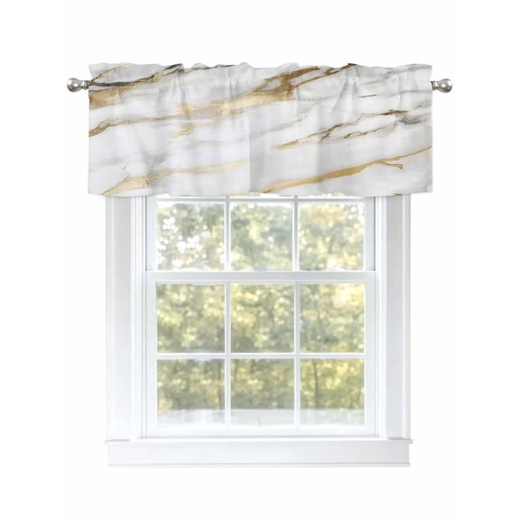Marble Texture Curtain Valances for Windows, Abstract White Gold Window Valances, Window Treatment Rod Pocket Valance Curtains for Living Room/Kitchen/Bedroom/Bathroom, 54x18inch