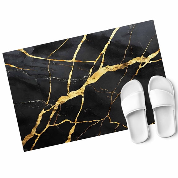 Marble Texture Door Mat Modern Black Golden Ripple Effect Non Slip Absorbent Entrance Mat Washable Low Profile Indoor Doormat for Front Door Entryway Entry 16"x24"