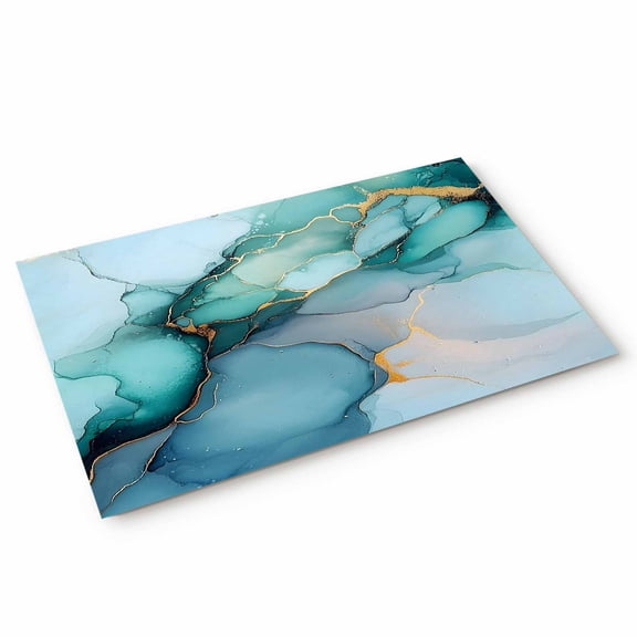Marble Texture Door Mat Teal Gold Abstract Curves Impressionist Non Slip Absorbent Entrance Mat Washable Low Profile Indoor Doormat for Front Door Entryway Entry 16"x24"