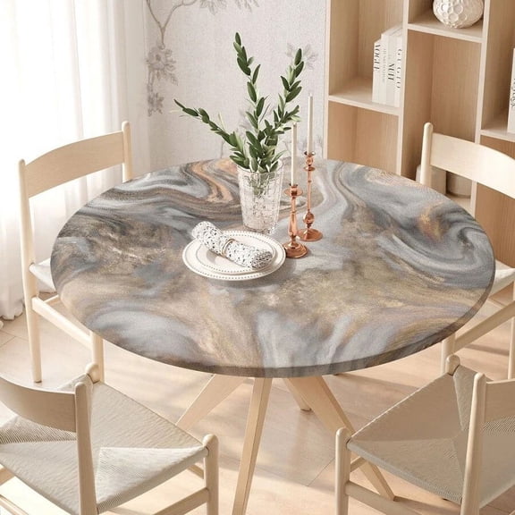Marble Texture Fitted Round Tablecloth Waterproof Table Covers Elastic Edged White Marble Pattern Table Clothes for Dining Table