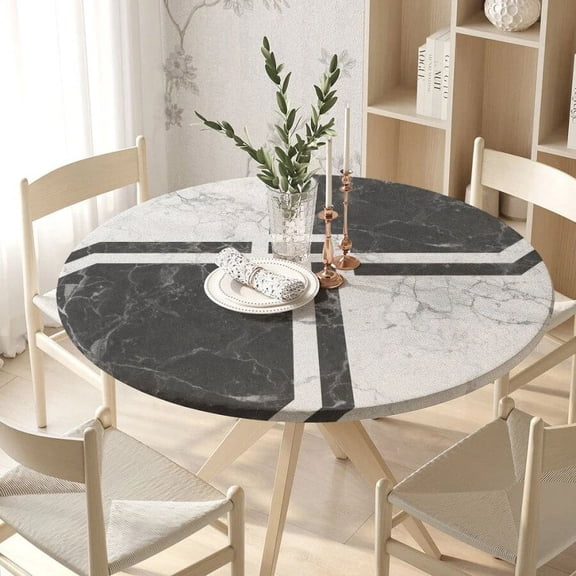 Marble Texture Fitted Round Tablecloth Waterproof Table Covers Elastic Edged White Marble Pattern Table Clothes for Dining Table