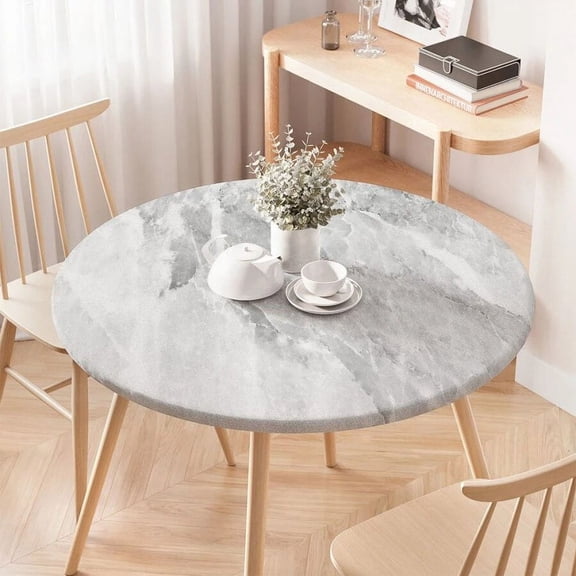 Marble Texture Fitted Round Tablecloth Waterproof Table Covers Elastic Edged White Marble Pattern Table Clothes for Dining Table