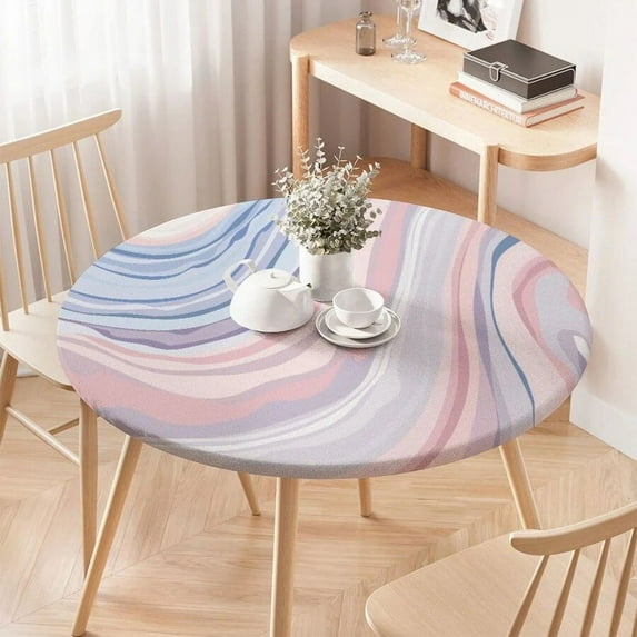 Marble Texture Fitted Round Tablecloth Waterproof Table Covers Elastic Edged White Marble Pattern Table Clothes for Dining Table