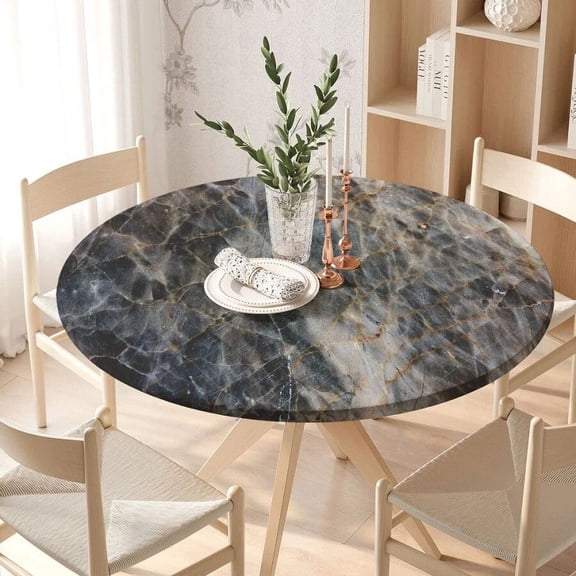 Marble Texture Fitted Round Tablecloth Waterproof Table Covers Elastic Edged White Marble Pattern Table Clothes for Dining Table