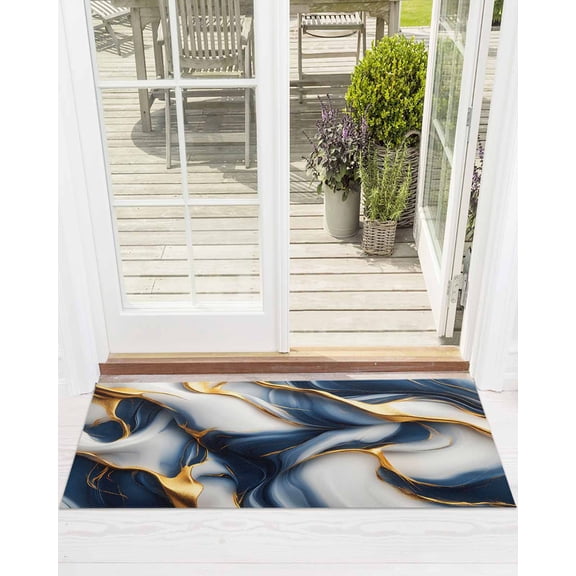 Marble Texture Front Door Mat Modern Golden Blue Fluid Art Welcome Doormat Indoor Outdoor Entrance Floor Mat Non-Slip Washable Runner Rug for Front Porch Decor 18x60 Inch