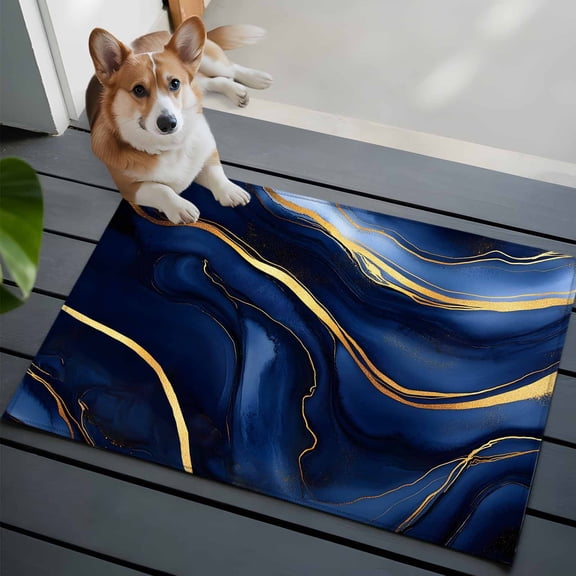 Marble Texture Front Door Rugs 2x3 ft Modern Blue Golden Fluid Art Small Rug for Entryway Non Slip Washable Bathroom Door Mat Absorbent Floor Mat for Indoor Entrance
