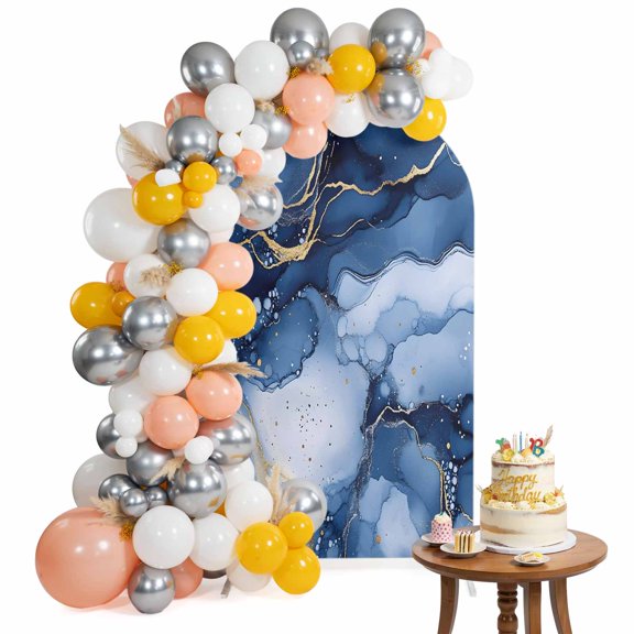 Marble Texture Gradient Arch Backdrop Cover 7.2FT Blue Gold Gradient Spandex Fitted Arch Covers Stretchy Backdrop Decoration for Wedding Birthday Graduation Party