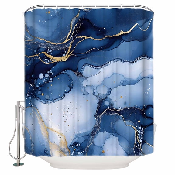 Marble Texture Gradient Bathroom Shower Curtains with Hooks, Blue Gold Gradient Waterproof Fabric Washable Shower Curtain for Home Hotel Bathtub Decor 60x72 Inch