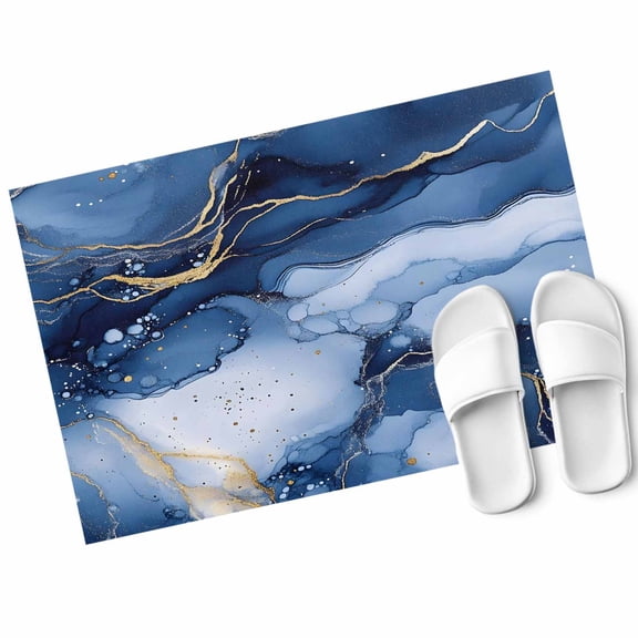Marble Texture Gradient Door Mat Blue Gold Gradient Non Slip Absorbent Entrance Mat Washable Low Profile Indoor Doormat for Front Door Entryway Entry 16"x24"
