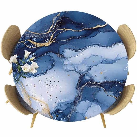 Marble Texture Gradient Round Fitted Table Cover Blue Gold Gradient Waterproof Table Cloth with Elastic Edge Wipeable Tablecloth for Picnic Camping Party Fits 36"-44" Diameter
