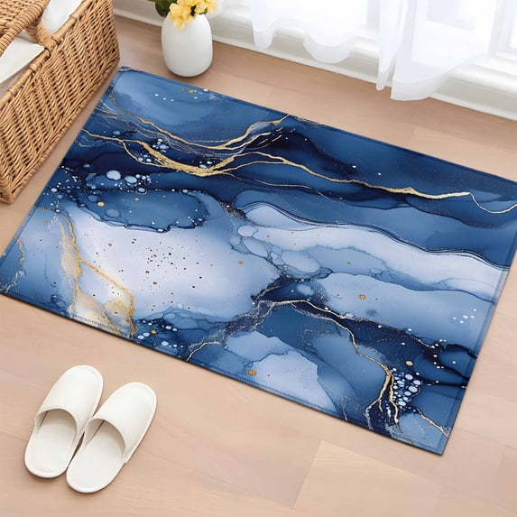 Marble Texture Gradient Washable Small Entryway Area Rugs 2'x3', Blue Gold Gradient Low Pile Throw Rug Non-Slip Sturdy Edge Binding Carpet for Front Door Floor Room Entry