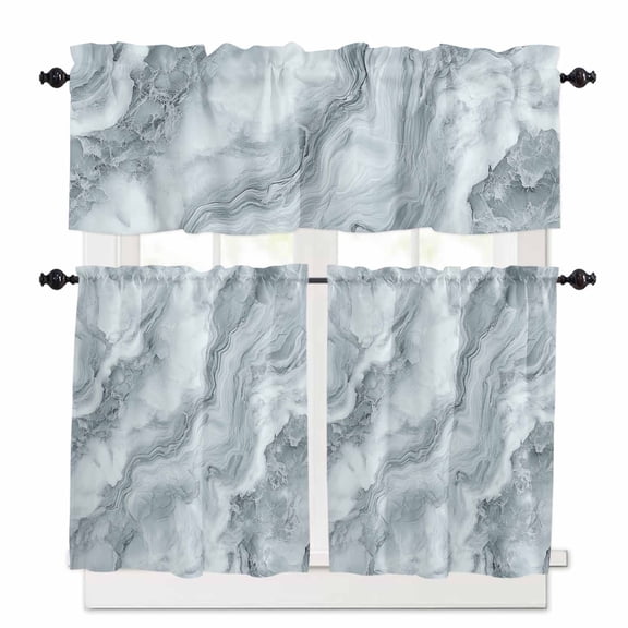 Marble Texture Kitchen Curtains and Valances Set, Abstract Grey White Gradient Art Rod Pocket Window Valance 18 Inch Window Curtain Panels for Living Room Bedroom Laundry, 27.5x24in, 3 Pieces
