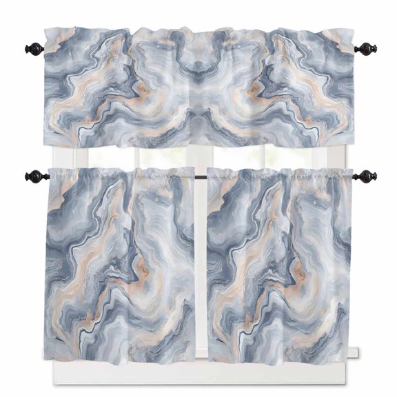Marble Texture Kitchen Curtains and Valances Set, Elegant Blue Gray Tone Water Effect Rod Pocket Window Valance 18 Inch Window Curtain Panels for Living Room Bedroom Laundry, 27.5x36in, 3 Pieces