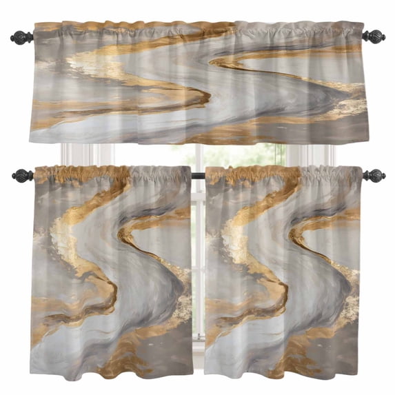 Marble Texture Kitchen Curtains Valances and Tiers Set of 3 Abstact Grey Brown Gold Gradient Art Tier Curtains and Valance with Rod Pocket for Small Windows, 27.5"x24"