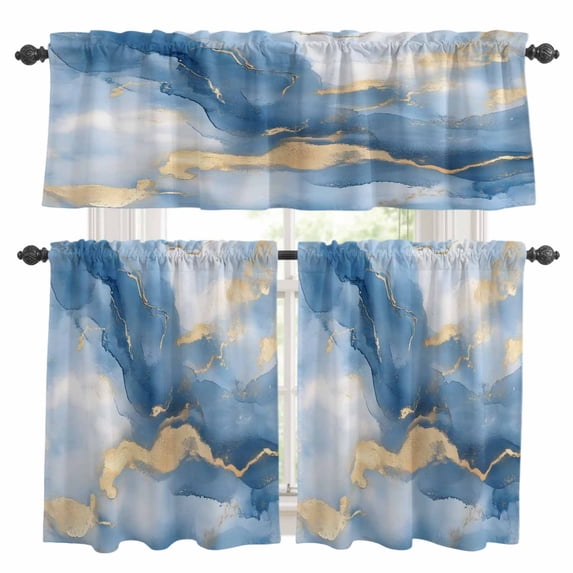 Marble Texture Kitchen Curtains Valances and Tiers Set of 3 Modern Gold Blue Ripple Effect Tier Curtains and Valance with Rod Pocket for Small Windows, 27.5"x24"
