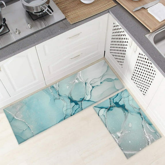 Marble Texture Kitchen Mat Set of 2, Blue to Grey Light Granite Silver Cracked Abstract Microfiber Kitchen Rug TPR Non-Slip Backing Doormat Runner Rug Set Comfort Floor Mat, (18" x 30"+18" x 48")