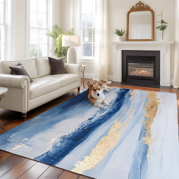 Marble Texture Large Area Rugs 5x8 ft Abstract Gradient Ocean Blue Gold Waves Washable Rug Non Slip Indoor Carpet Absorbent Floor Mat for Living Room Bedroom Dining Room