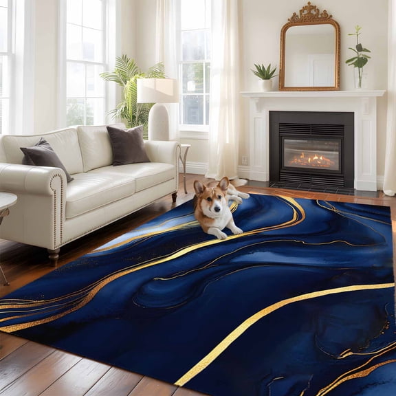 Marble Texture Large Area Rugs 8x10 ft Modern Blue Golden Fluid Art Washable Rug Non Slip Indoor Carpet Absorbent Floor Mat for Living Room Bedroom Dining Room