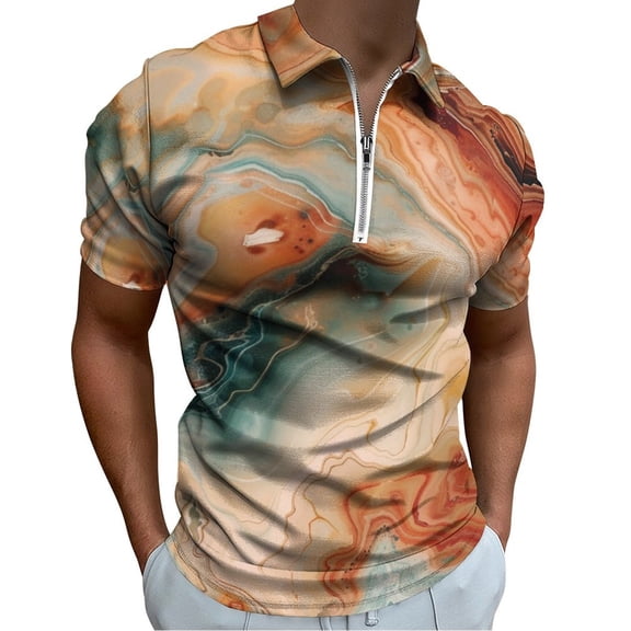 Marble Texture Men Zipper T-shirt Summer Casual Short Sleeve T-shirt Top