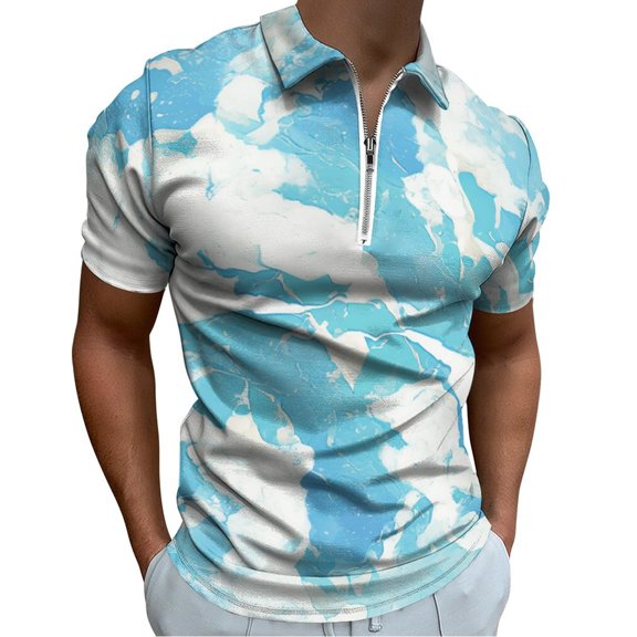 Marble Texture Men Zipper T-shirt Summer Casual Short Sleeve T-shirt Top