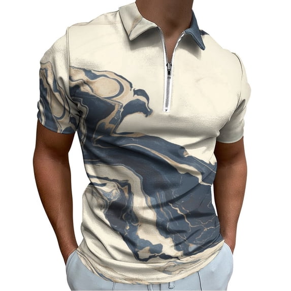 Marble Texture Men Zipper T-shirt Summer Casual Short Sleeve T-shirt Top
