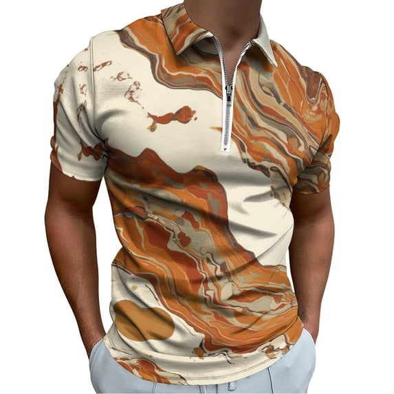 Marble Texture Men Zipper T-shirt Summer Casual Short Sleeve T-shirt Top
