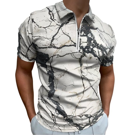 Marble Texture Men Zipper T-shirt Summer Casual Short Sleeve T-shirt Top