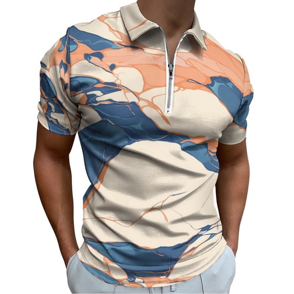 Marble Texture Men Zipper T-shirt Summer Casual Short Sleeve T-shirt Top
